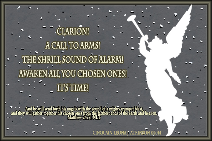 Clarion, angel blowing trumpet, Cinquain poem, scripture verse Matthew 24:31
