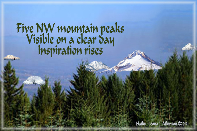 Haiku about seeing 5 mountains on a clear day