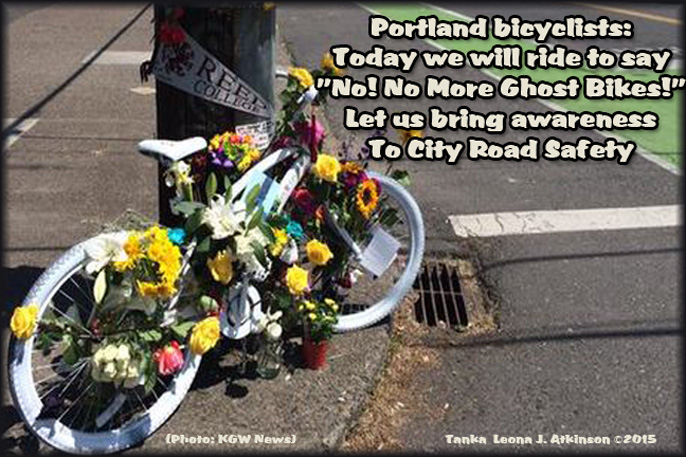 Tanka poem about Ghost Bikes--Portland, OR. raising awareness for auto/bike safety in the city