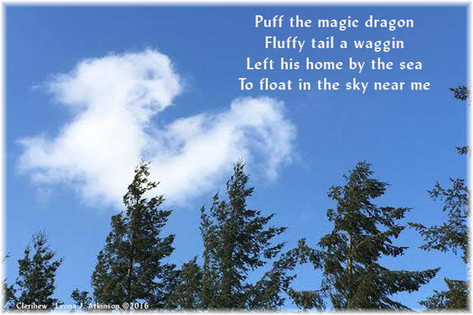 Clerihew poem about Puff the Magic Dragon--photo of a cloud shaped like a dragon