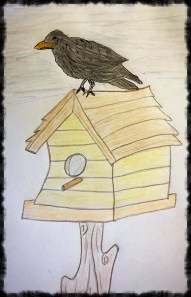 Crow on top of a birdhouse original drawing 