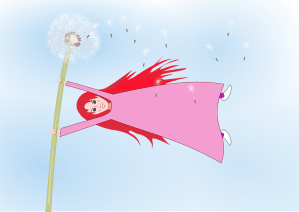 Girl hanging on to dandelion blowing in the wind