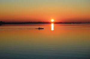 Sunset, water, canoe