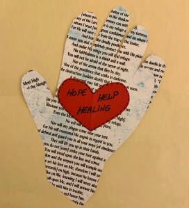 Hand drawing, Psalm 91background, red heart in center with words Hope, Help, Healing